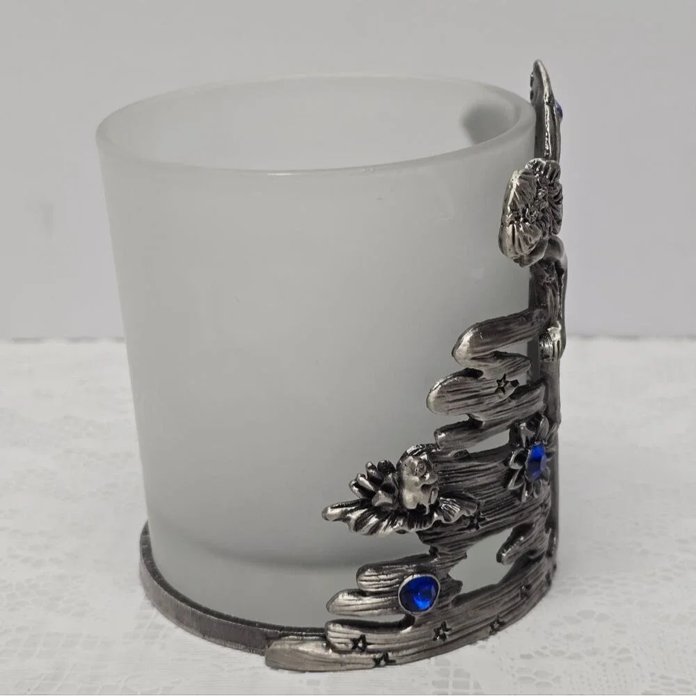 Vintage Silver Metal Fairy Elf Blue Rhinestones Celestial Votive Candle Holder
